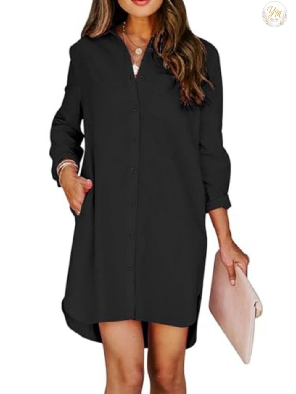 Aoudery Button Down Shirt Dress with Pockets Cotton Long Sleeve High Low Tunic